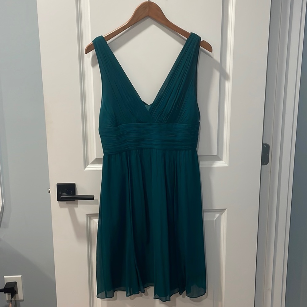 J. Crew Teal Silk Crepe Pleated Sleeveless V Neck Cocktail Dress (Size 8)